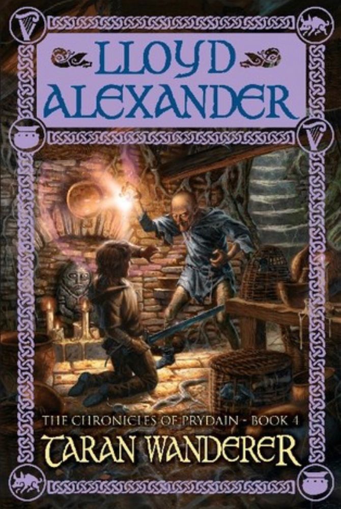 Book cover of Taran Wanderer. A menacing though sickly looking wizard stands over Taran, who is on his knees. Magical light emanating from the wizard’s upraised hand. Taran’s own arm his raised to shield him from the light.