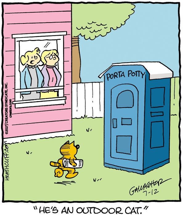 Heathcliff walks up to a porta potty in his backyard, holding a newspaper,  as Grandma Nutmeg and a friend watch. Grandma Nutmeg says "He's an outdoor cat."