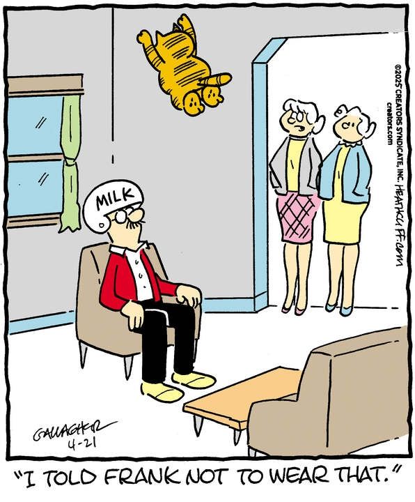 A man is sitting in a chair wearing a milk helmet as Heathcliff descends on him from an egregarious angle. Grandma Nutmeg stands with a friend of hers, who says "I told Frank not to wear that."