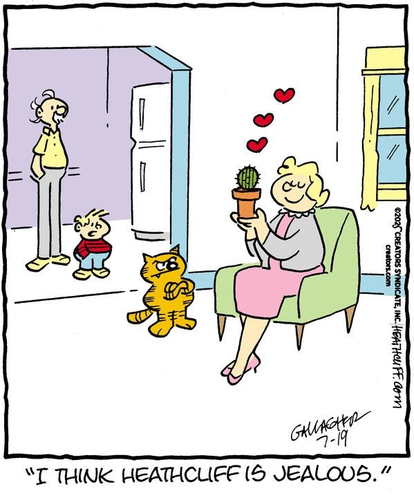 Grandma Nutmeg lovingly holds a cactus in a small pot in her hands, and the cactus appears to love her back. Heathcliff is angrily looking at the two of them, and Grandpa Nutmeg and Iggy watch from another room. Iggy says "I think Heathcliff is jealous."