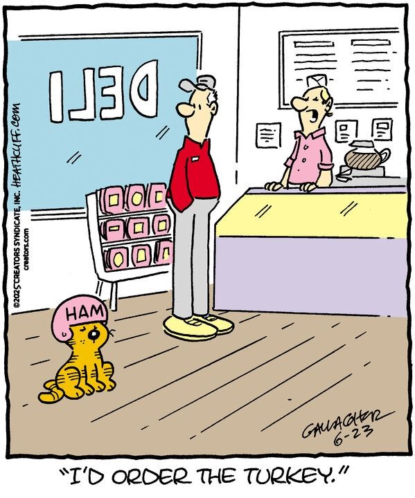 A man stands at a deli counter looking at Heathcliff, who's sitting on the floor wearing a pink helmet that reads HAM in big black letters. The employee behind the deli counter says "I'd order the turkey."
