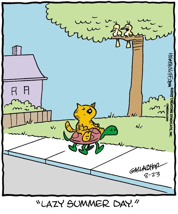 Heathcliff rides on top of a tortoise down the sidewalk, sitting on its shell as it carries him around. Two birds watch, one of them saying 