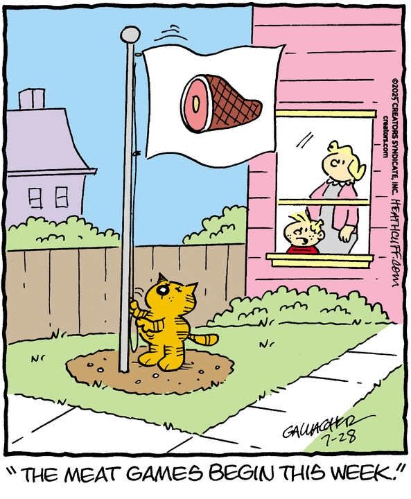 Heathcliff stands at a flagpole, raising a flag displaying a picture of a ham. Iggy and Grandma Nutmeg watch from the window, and Iggy says "The Meat Games begin this week."