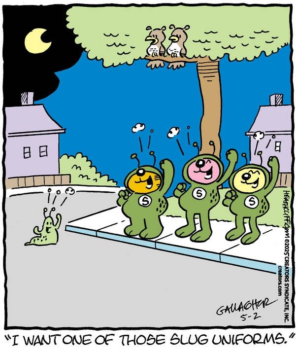 Heathcliff and two other cats stand in slug-prunted onesies with little fake eyestalks, cheering as the Hype Slug riles them up. Two owls watch from a tree, one of them saying "I want one of those slug uniforms."