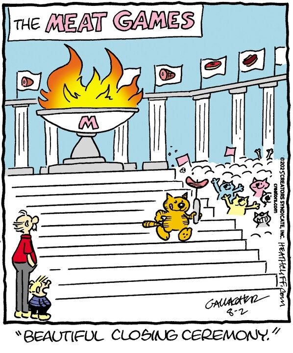 Heathcliff walks away from a large Olympic-style torch holding a perfectly grilled hot dog as the crowd of cats in a large stadium cheer, under a big banner that says "THE MEAT GAMES". Iggy and Grandpa Nutmeg watch, and Iggy says "Beautiful closing ceremony."