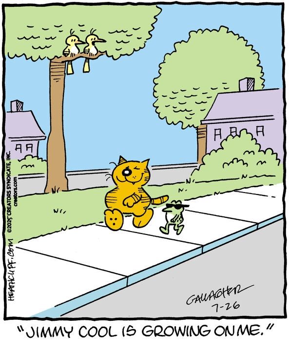 Heathcliff smugly walks down the street next to Jimmy, who's wearing sunglasses. Two birds watch them, and one says "Jimmy Cool is growing on me."