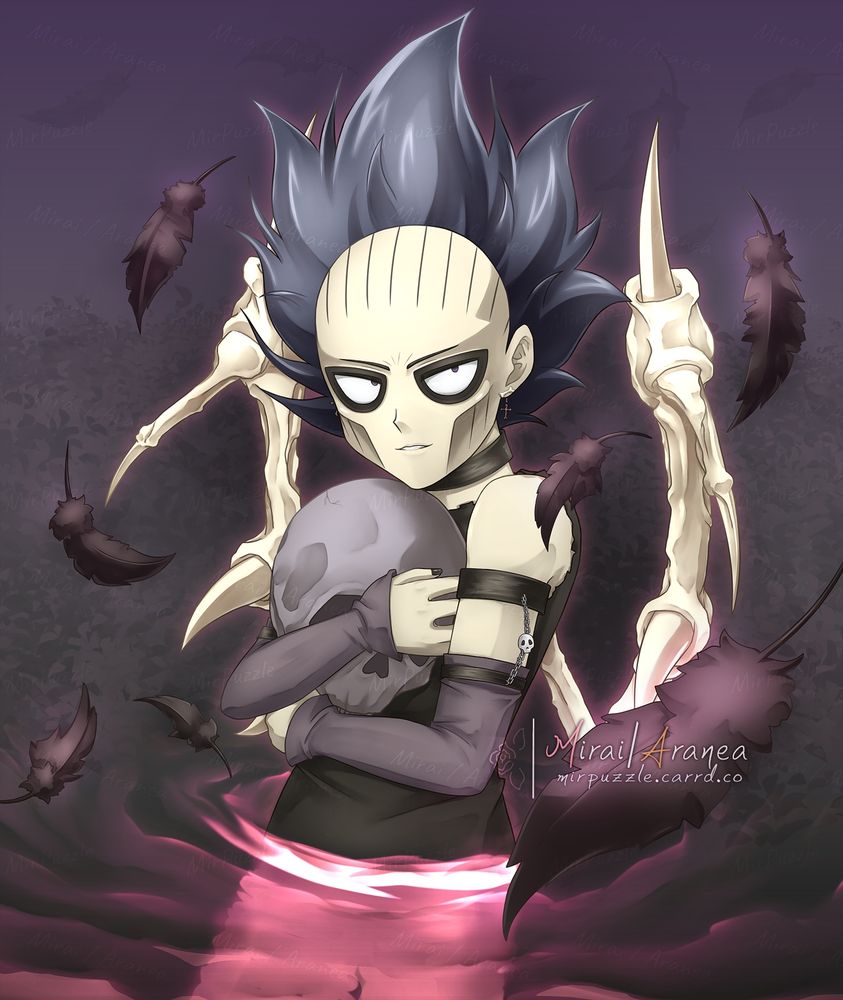 Fanart of Ghost Kotsuzuka (Bonz) from Yugioh. He's dressed in a goth outfit, with bone wings on his back. He looks at the viewer and smiles while holding a skull close to his chest. He's standing waist-deep in shiny, pinkish-purple water, with black feathers falling around him.