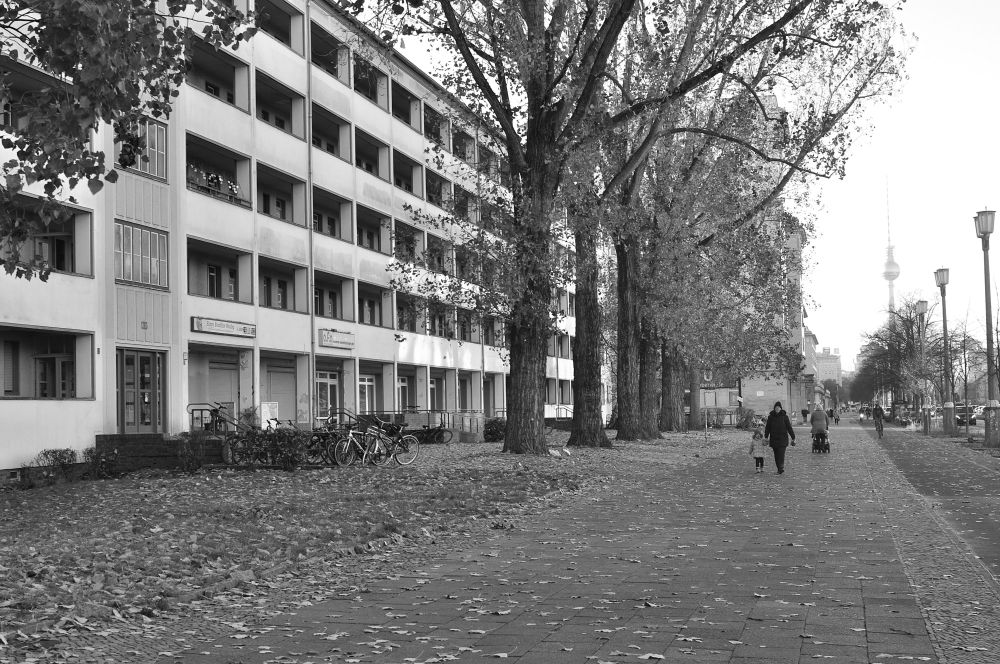 s/w. 4 stöckiger wohnblock mit offenen gängen vor den wohnungstüren.. alte bäume davor, rechts noch laternen an der straße. hinten klein der fernsehturm.