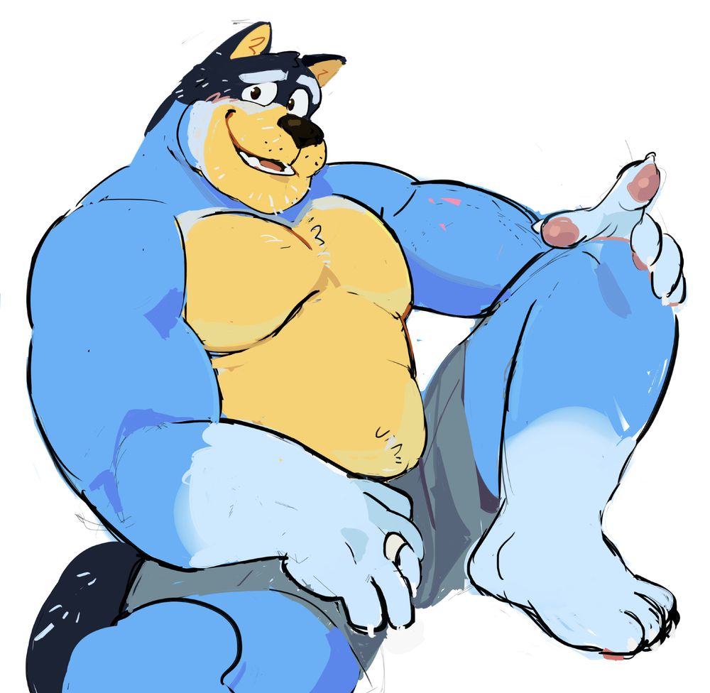 a digital drawing of bandit heeler from bluey wearing grey shorts and smiling at the camera