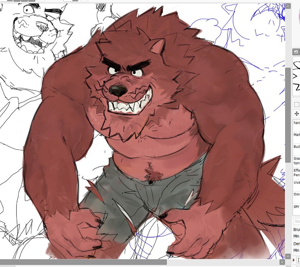 A drawing of @soildweller's OC Brent looking angry, snout crooked and arms stiff as if ready to prowl.