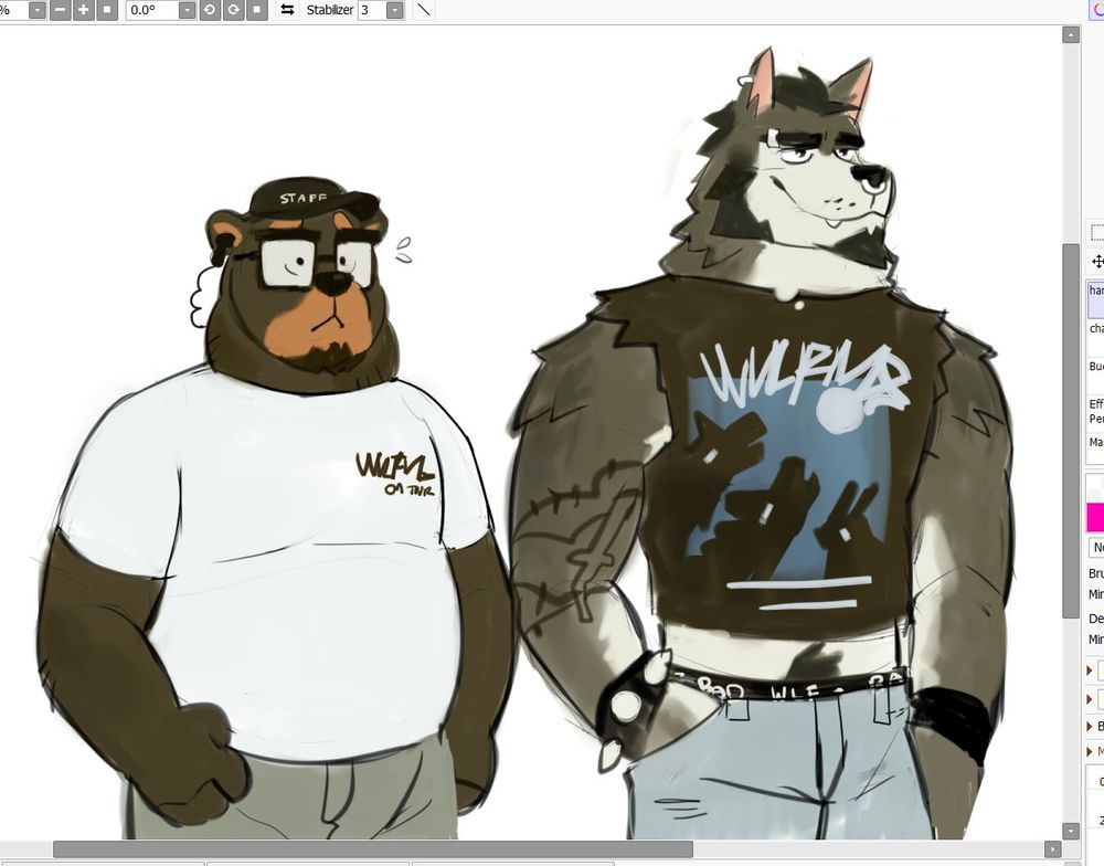 digital drawing of a black bear (he/him) wearing roadie attire, complete with a white band tee, a staff cap and an earpiece and microphone. next to him is a grey wolf (they/them), the bass player, wearing a graphic muscle crop top, jeans and a pair of spiked bracelets