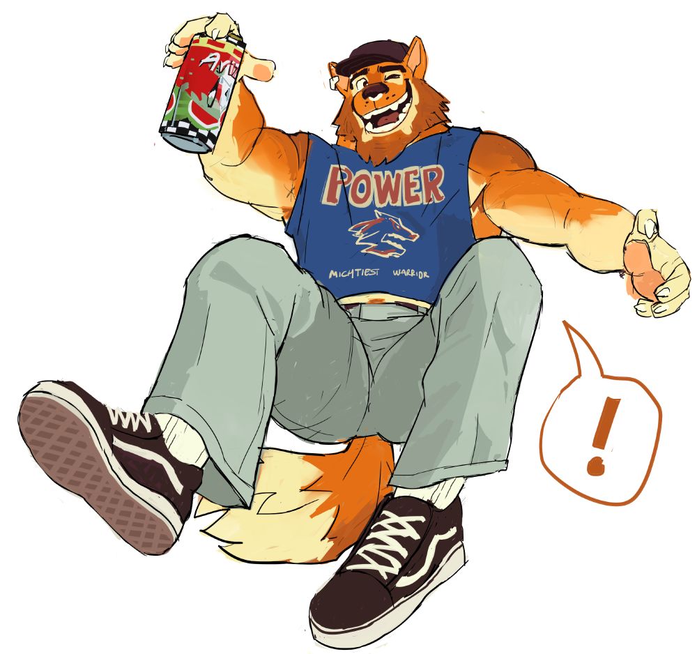 a digital drawing of my fursona (they/them), a bearded orange wolf with yellow markings and brown spots. they're sporting a baseball cap alongside faded jeans and a pair of socks and sneakers, with the centerpiece of the outfit being a deep blue graphic muscle tee with the words "POWER" "MIGHTIEST WARRIOR" written on it. they're winking at the camera as they hold a can of watermelon arizona, which is objectively the best flavor