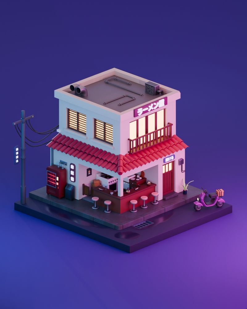 3D blender ramen shop at night