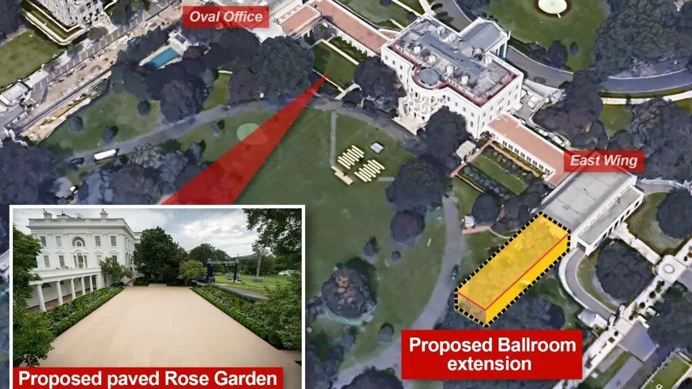 Picture from the NY Post shows the proposed new layout for the White House Ballroom Extension relative to the main structure. 