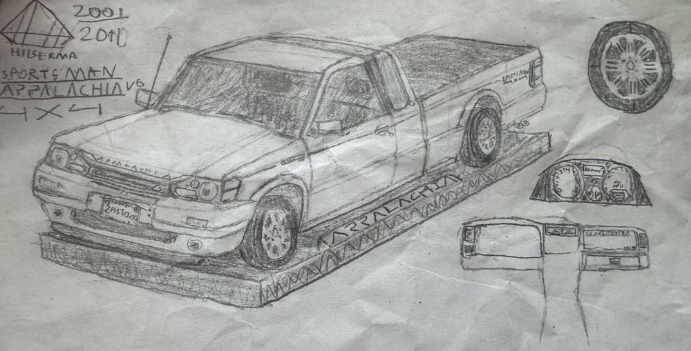 A drawing of a 2001 Hiiserma Appalachia, a fictional compact truck.