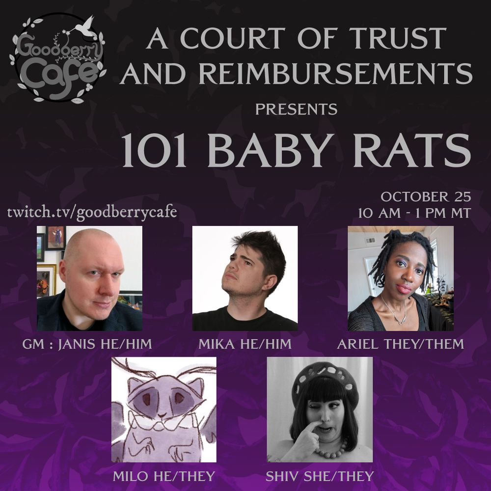 promotional image for 101 Baby Rats, featuring headshots of the players, live at the time of posting on twitch.tv/goodberrycafe