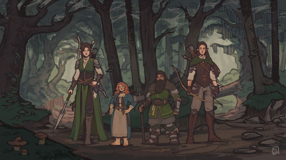 Group shot of the characters of The Twilight of Mirkwood on StarCrawlRPG, showing fron left to right:
Eären, an Elven scholar.
Pearl, a Hobbit messenger.
Gísla, a Dwarven warden.
Náriel, an Elven champion.
The background depicts a dark forest area.
Signed by Klur, the artist.