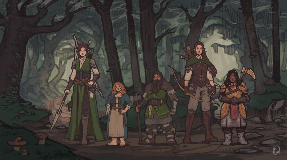 Character art for The Twilight of Mirkwood on twitch.tv/starcrawlrpg, showing from left to right: Eären, Pearl Sackville-Baggins, Gísla, Náriel, Néla Tuskbane.