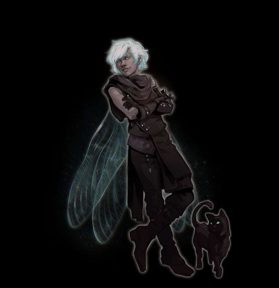 Character art for Ash Penhallow: A changeling with silvery green hair and prominent dragonfly-like wings, leaning back casually, their black cat Luna next to them.
