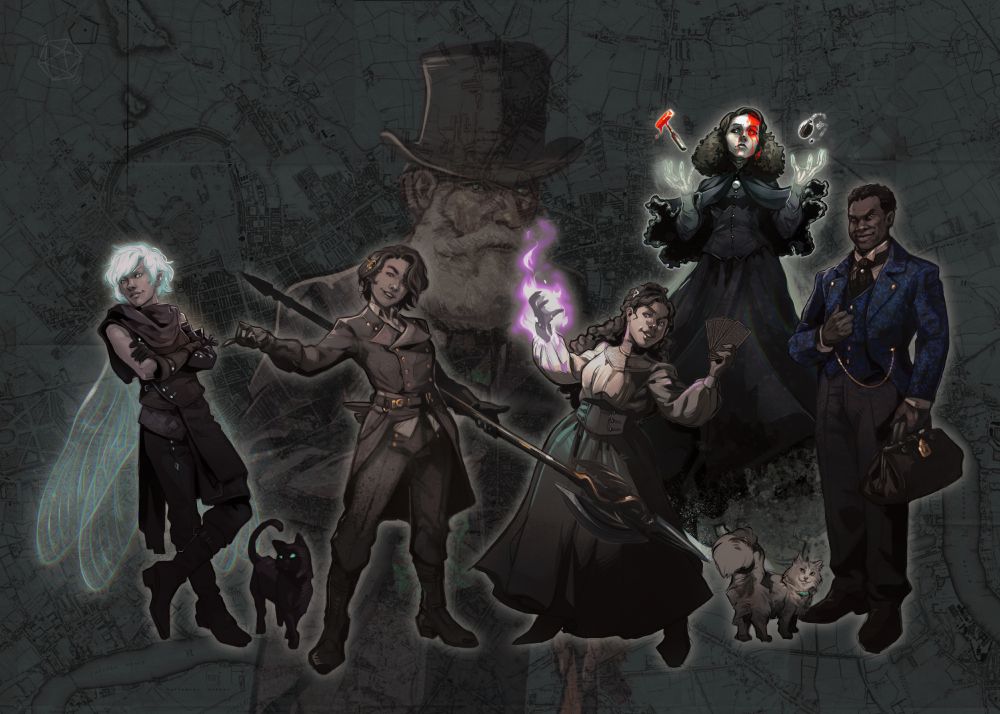 Character art for the cast of The Between on twitch.tv/starcrawlrpg, livestreamed Saturdays at 4pm Eastern Time/9pm British Time

The characters are, from left to right:

A changeling with silvery green hair, leaning back casually, their black cat next to them.

A woman, wearing a military outfit looking as if to challenge whoever happens to be in front of her, holding a halberd with gold decorations.

A woman wearing high quality shirt and skirt, holding tarot cards in one hand and summoning a purple flame in the other, her cat a little to the right.

In the background, the ghostly, floating figure of a woman with a bleeding head wound as well as skeletal hands, an autopsy hammer with blood on it and a broken pocket watch floating above them.

A tall man wearing a fine outfit including a tailcoat with blue floral brocade. He is holding a doctor's bag.

Transparent in the background is the looming figure of an older man in a suit and top hat with a full white beard and glowing green eyes, leaning on a gnarled stick.