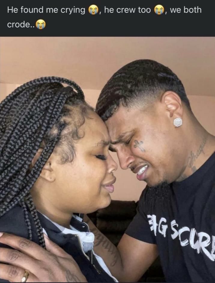 Meme picture of two people resting their foreheads on eachother with sad expressions, with the caption "He found me crying, he crew too, we both crode..."