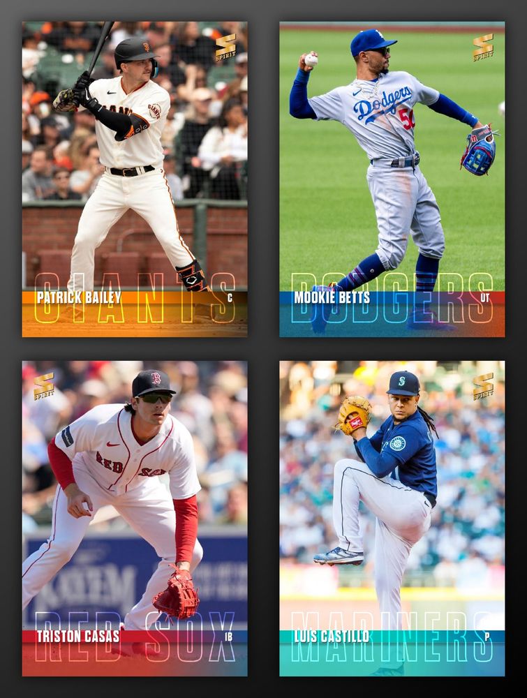 Baseball cards featuring Patrick Bailey, Mookie Betts, Triston Casas and Luis Castillo.