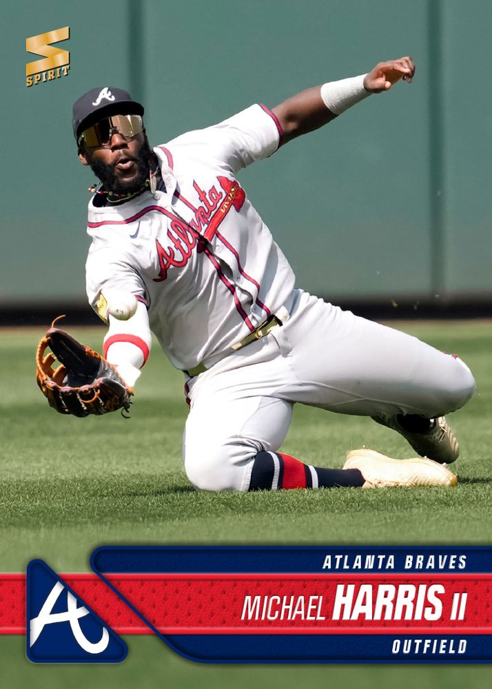 Baseball card featuring Braves' outfielder Michael Harris II making a sliding catch