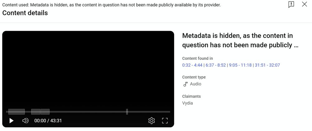 YouTube studio screenshot of a video with a music copyright claim in multiple parts of the video. The content is labelled as "Content used: Metadata is hidden, as the content in question has not been made publicly available by its provider."