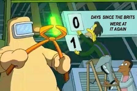 Still from Simpsons intro where the Nuclear Plant sign has been changed to denote that, as regularly as the rising of the sun, it is zero days since the Brits were at it again.