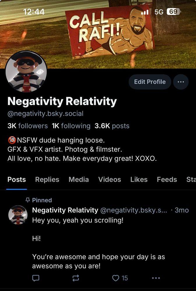 Screenshot of Negativity Relativity Bluesky page with 3K followers, following 1K and 3.6K posts.