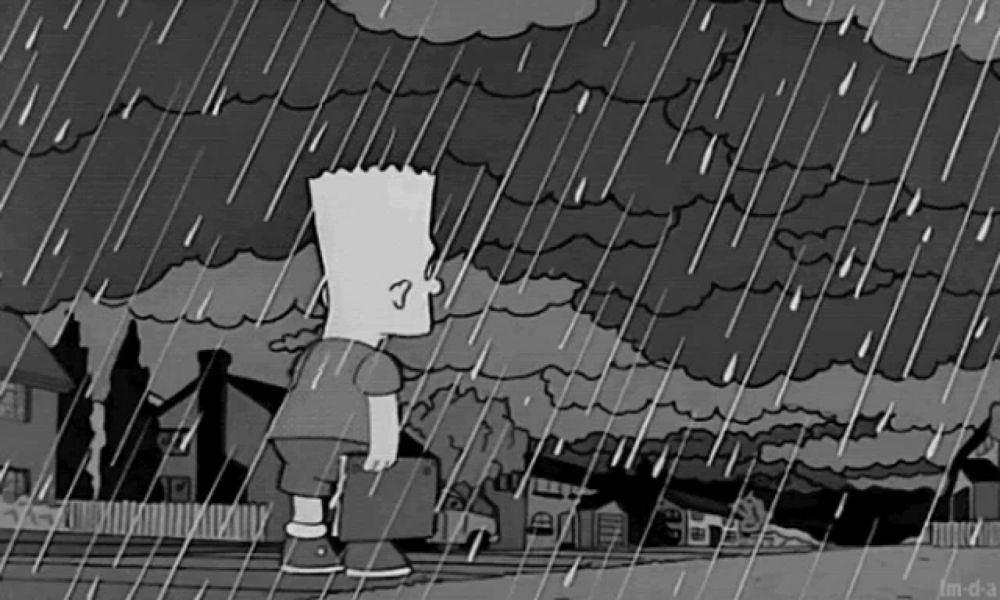 bart simpson is standing in the rain with a briefcase in his hand