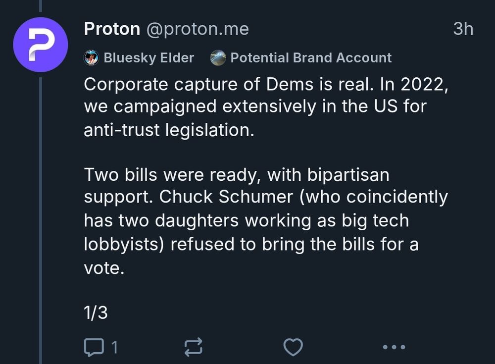 A screen capture from the official proton.me account on Bluesky reads as follows:

Corporate capture of Dems is real. In 2022, we campaigned extensively in the US for anti-trust legislation. 

Two bills were ready, with bipartisan support. Chuck Schumer (who coincidently has two daughters working as big tech lobbyists) refused to bring the bills for a vote.

1/3