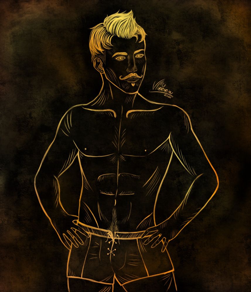 A half-body pencil sketch in gold tones on a dark background of Dorian Pavus from Dragon Age Inquisition. He's only wearing his underwear, posing confidently with his hands on his hips.