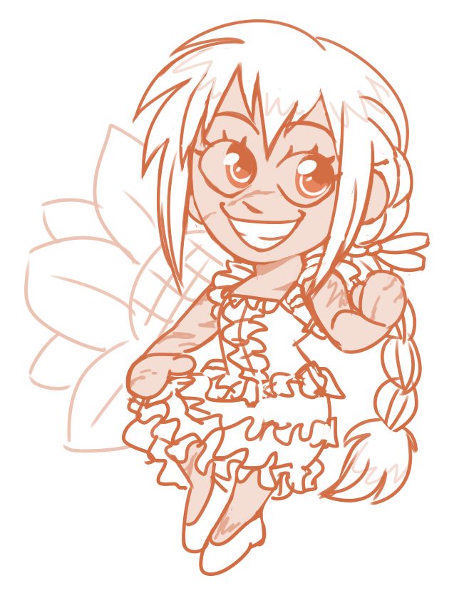 A chibi of Rebecca from One Piece. She is wearing a long frilly dress and grinning. In the background is a sunflower.