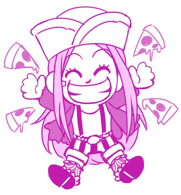 A chibi of kid Bonney from One Piece. She is jumping in the air and grinning widely. In the background are some pieces of pizza.