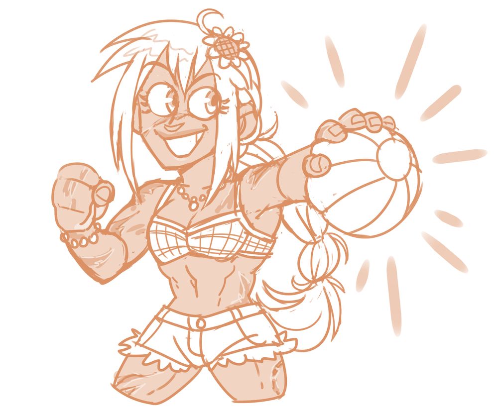 A half-body chibi of Rebecca from One Piece. She is wearing a bikini top and denim cut-offs, whilst confidently brandishing a blow-up volleyball. She looks strong and has a lot of scars.