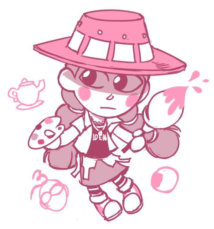 A chibi of Miss Goldenweek from One Piece. She is holding a palette and paintbrush. In the background are doodles of a teapot, Mr 3, and a rice cracker.