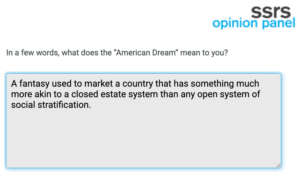 A screenshot from an SSRS Opinion Panel. It asks "In a few words, what does the "American Dream" mean to you?" and my answer is "A fantasy used to market a country that has something much more akin to a closed estate system than any open system of social stratification."