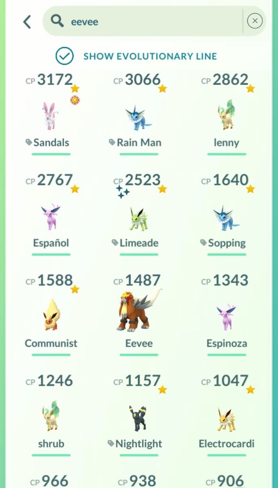 Screenshot of my eeveelutions and entei in pokemon go.