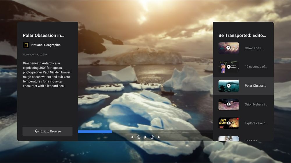 A screenshot of the Quest TV VR video app UI