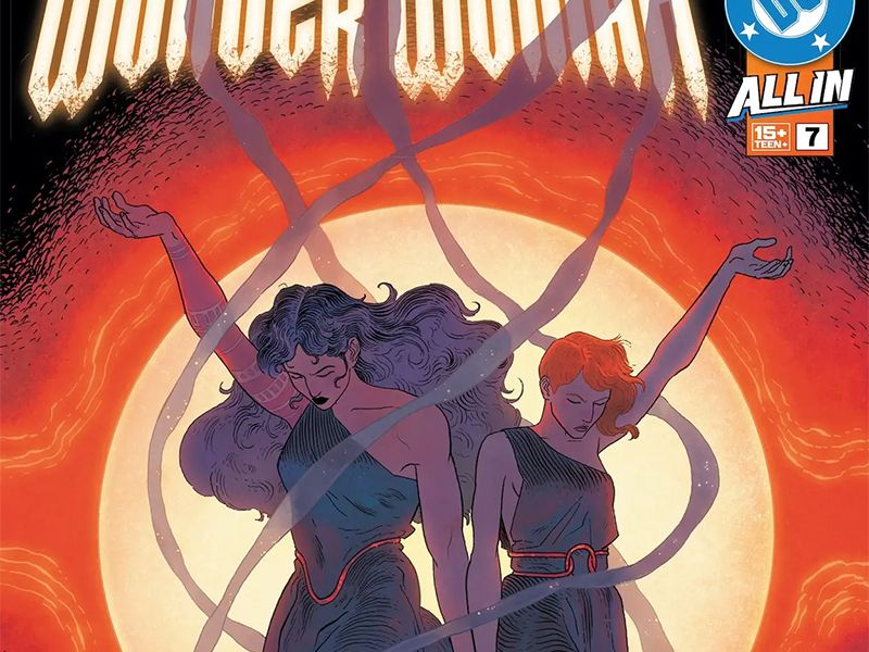 A cropped section of Hayden Sherman & Jordie Bellaire's cover for Absolute Wonder Woman #7, featuring Diana and Circe standing together, holding hands as their other hands reach to the sky. A glowing moon like orb behind them ringed by wavy red energy, as smoke strands curl around them. 