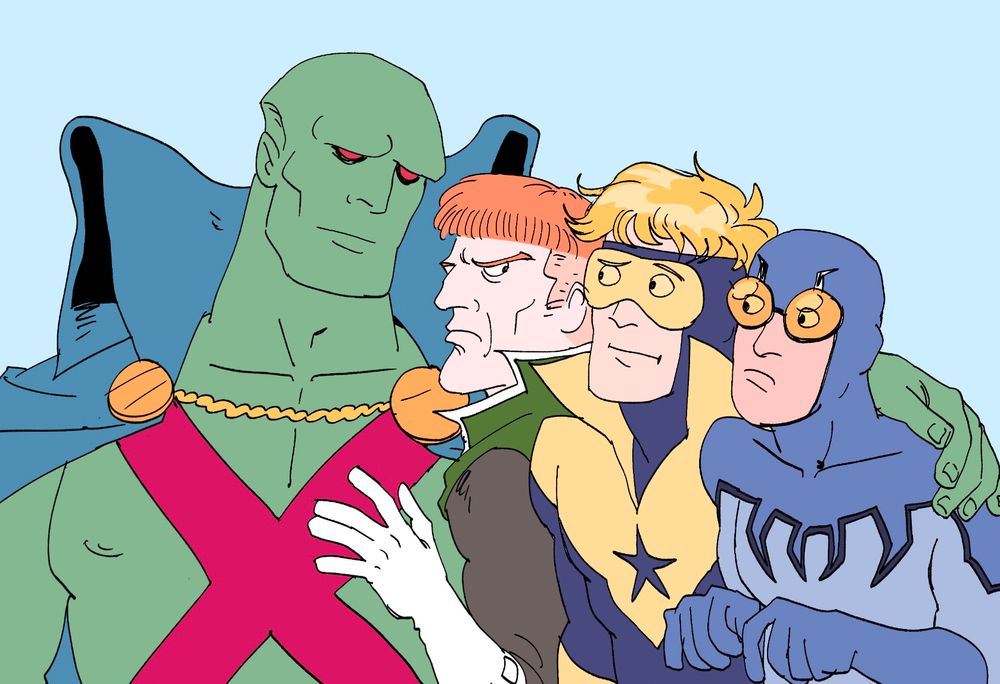 Martian Manhunter with his arm around Guy Gardner, Booster Gold and Blue Beetle / Ted Kord
(takes place around Justice League International)