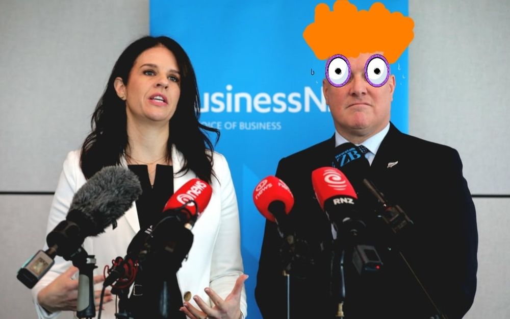 Erika Stanford,brown  hair, white suit jacket, stands behind lectern with media microphones. Next to her is Luxon. He has a beige cylindrical head with no chin, orange hair, googly eyes, and a mouth like an upside down smile. He wears a dark nondescript suit. 
