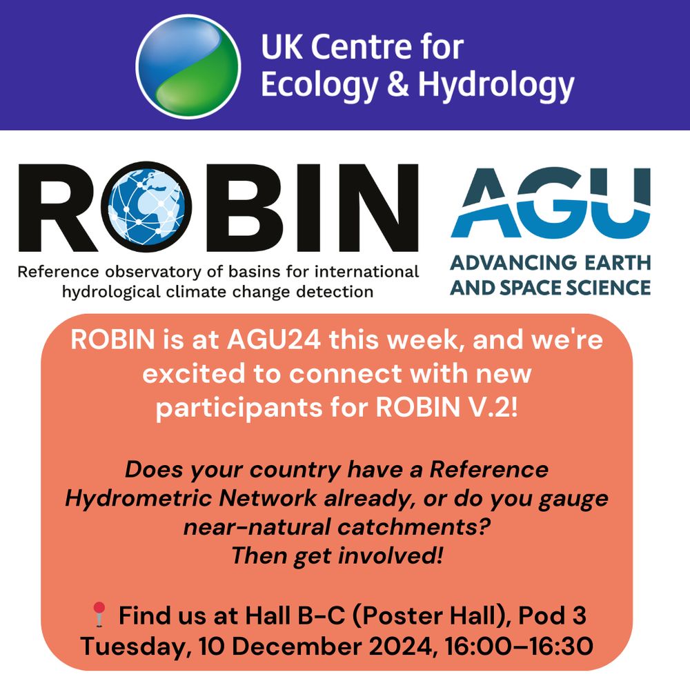 Text card featuring logos of UKCEH, the ROBIN project and AGU plus details of where to meet the team on Tuesday