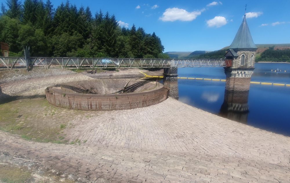 Low water levels at Pontsticill reservoir, south Wales, in July 2025.