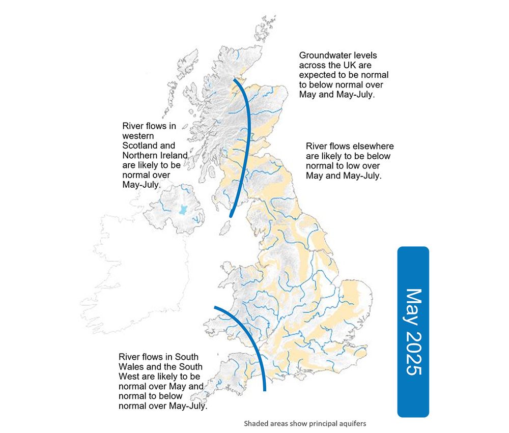 Map of UK with shaded areas showing principal aquifers. map annotated with notes from the UK Hydrological Outlook 