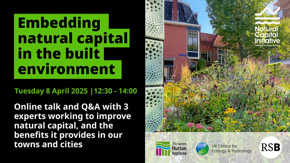 Colourful wildflower patch in front of buildings, plus logos of Natural Capital Initiative, The James Hutton Institute, UKCEH, and the Royal Society of Biology and the webinar details mentioned in the post