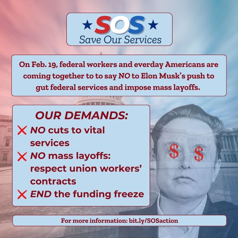 Image of Elon Musk with dollar signs in his eyes, next to the three demands of the February 19 day of action: No cuts to vital services, No mass layoffs, End the funding freeze