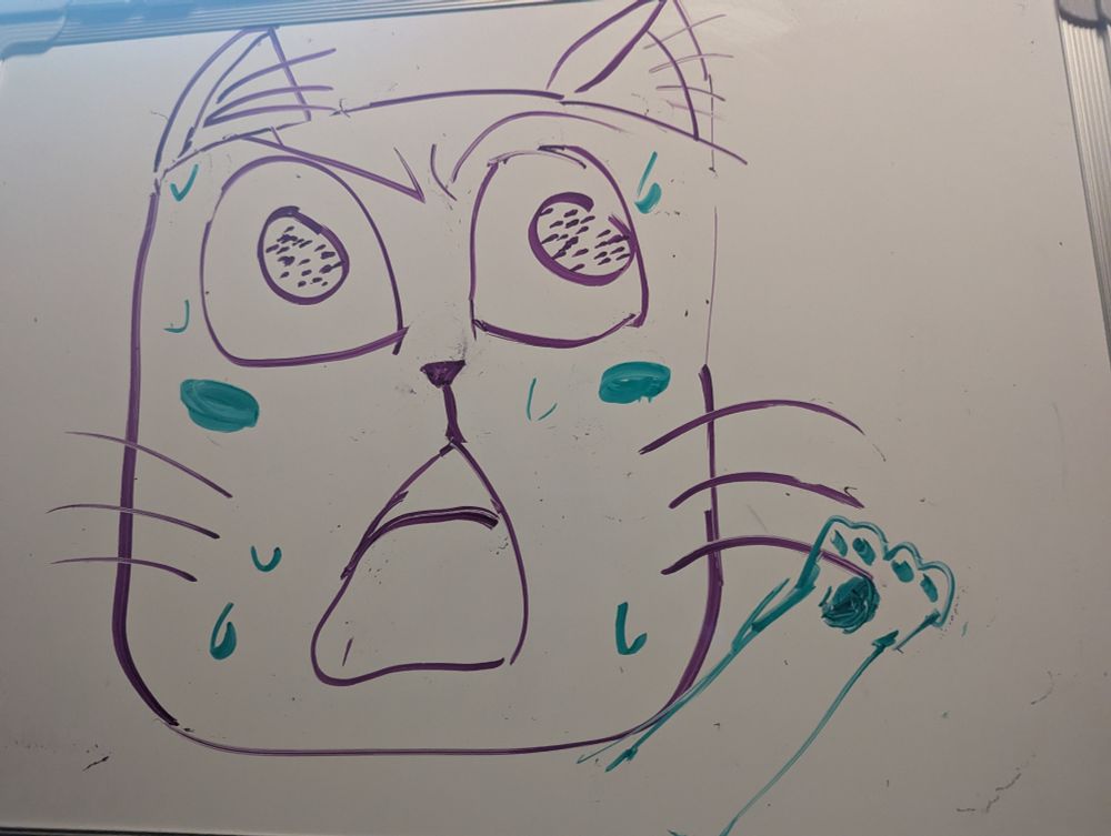 Crude drawing of a cartoon cat that looks exasperated 