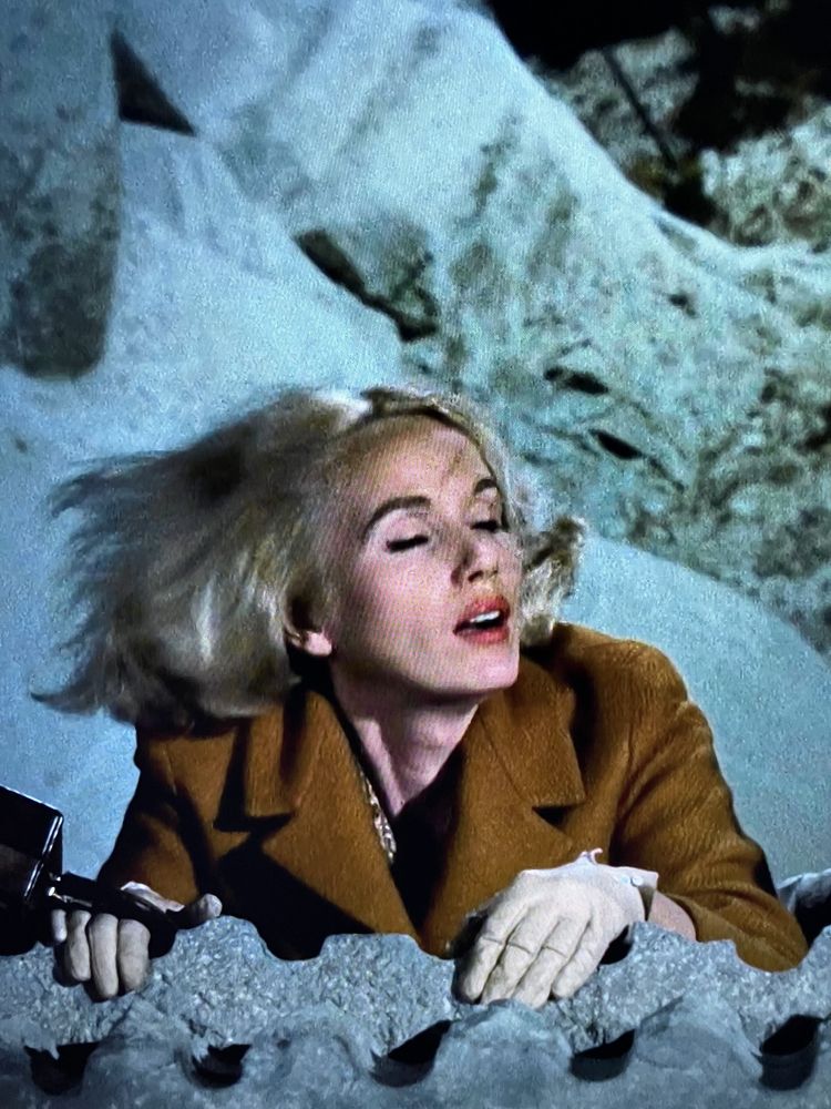 Eva Marie Saint dangles from a ledge at Mount Rushmore in the movie North by Northwest.